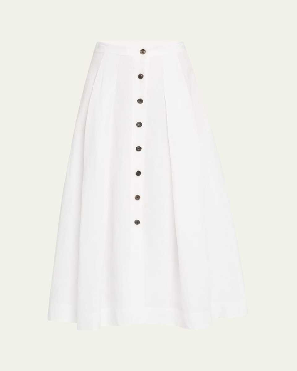 Pleated Button-Front Linen Maxi Skirt